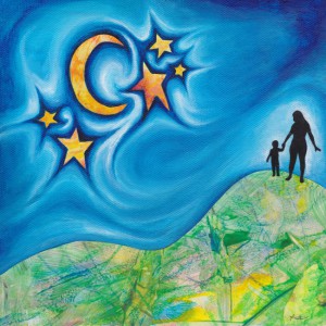 Art image of a mother and child standing at the top of a hill gazing at the moon and stars.